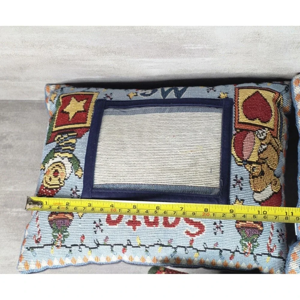 3 Santa's Christmas tapestry pillows Teddy Bear Elf clear picture Pocket 4x6 Vtg